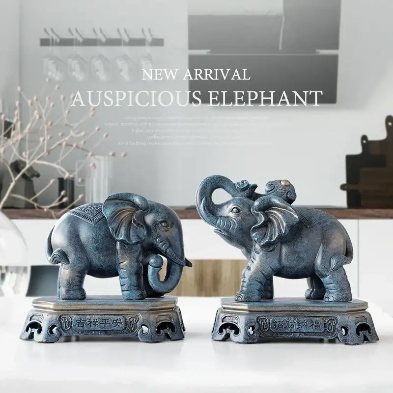 Antique blue elephant couple resin statue with intricate detailing and traditional Chinese characters for living room decor