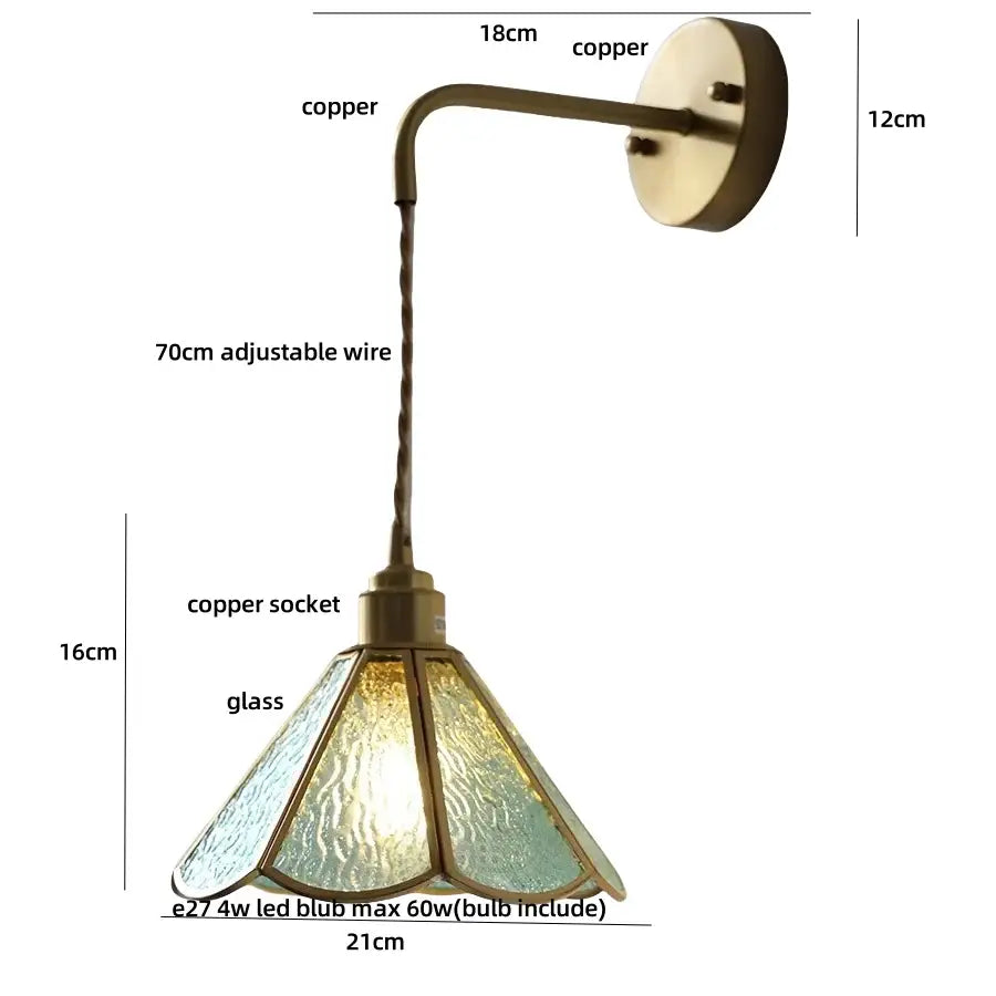 Antique brass-finished wall sconce with textured amber and teal decorbites blue glass led stained glass shade