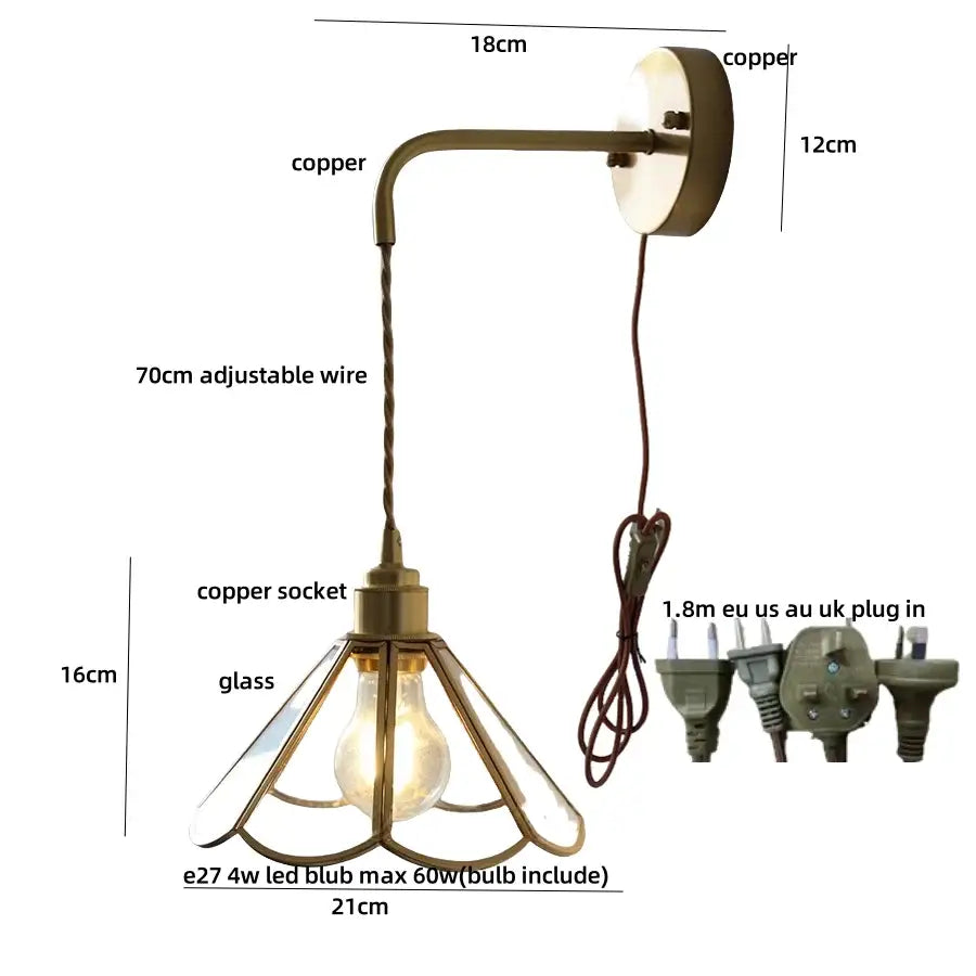 Antique brass-finished copper wall sconce with adjustable wire and glass shade for decorbites blue glass led lighting