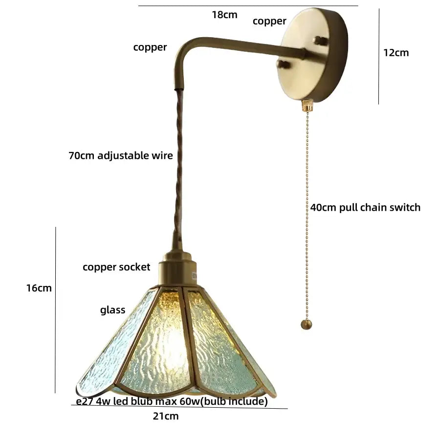 Antique copper wall sconce with decorbites blue glass led stained glass shade for staircase lighting