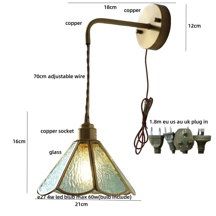 Antique copper wall sconce with textured blue glass led shade for staircase decorbites blue glass pull chain light