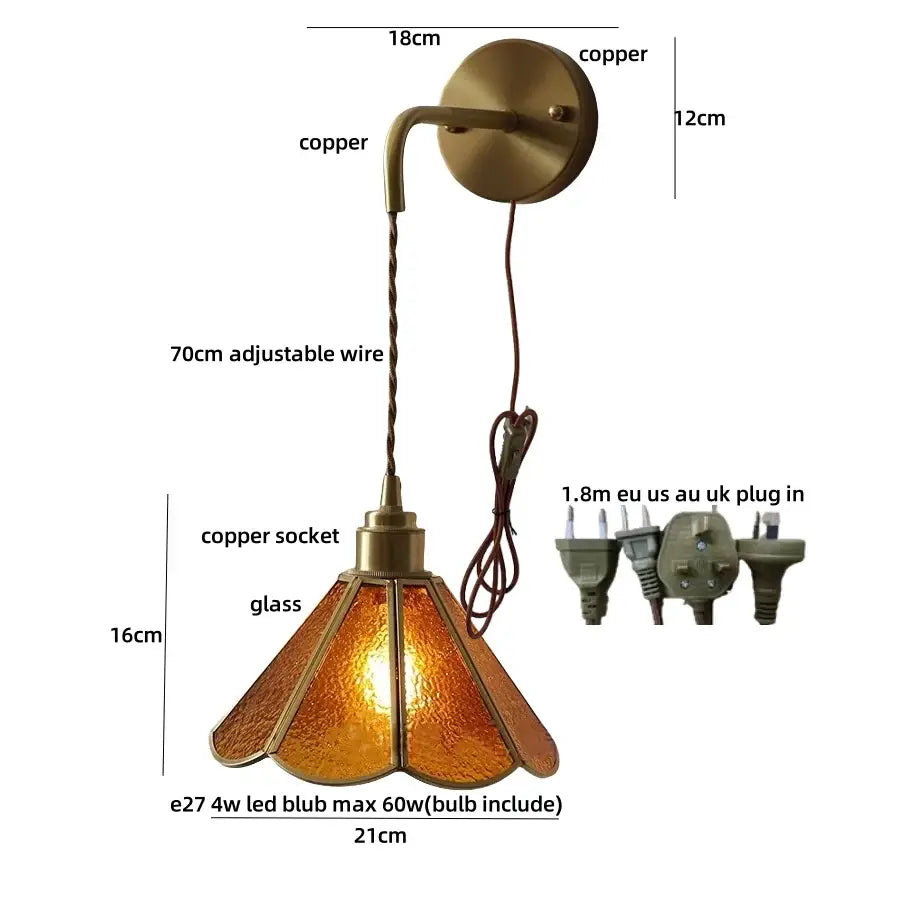 Antique blue glass led wall sconce with copper finish, textured amber glass shade, and adjustable 70cm wire decorbites blue glass