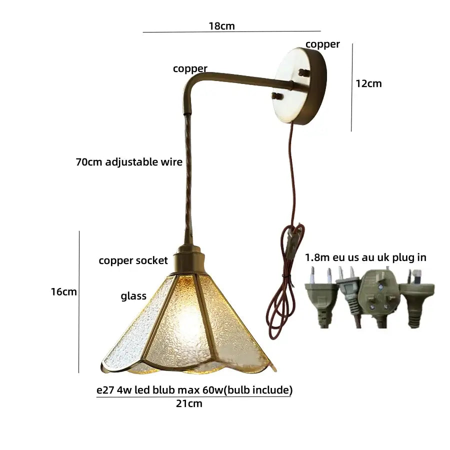 Antique-style copper wall sconce with textured blue glass led shade for staircases by decorbites blue glass