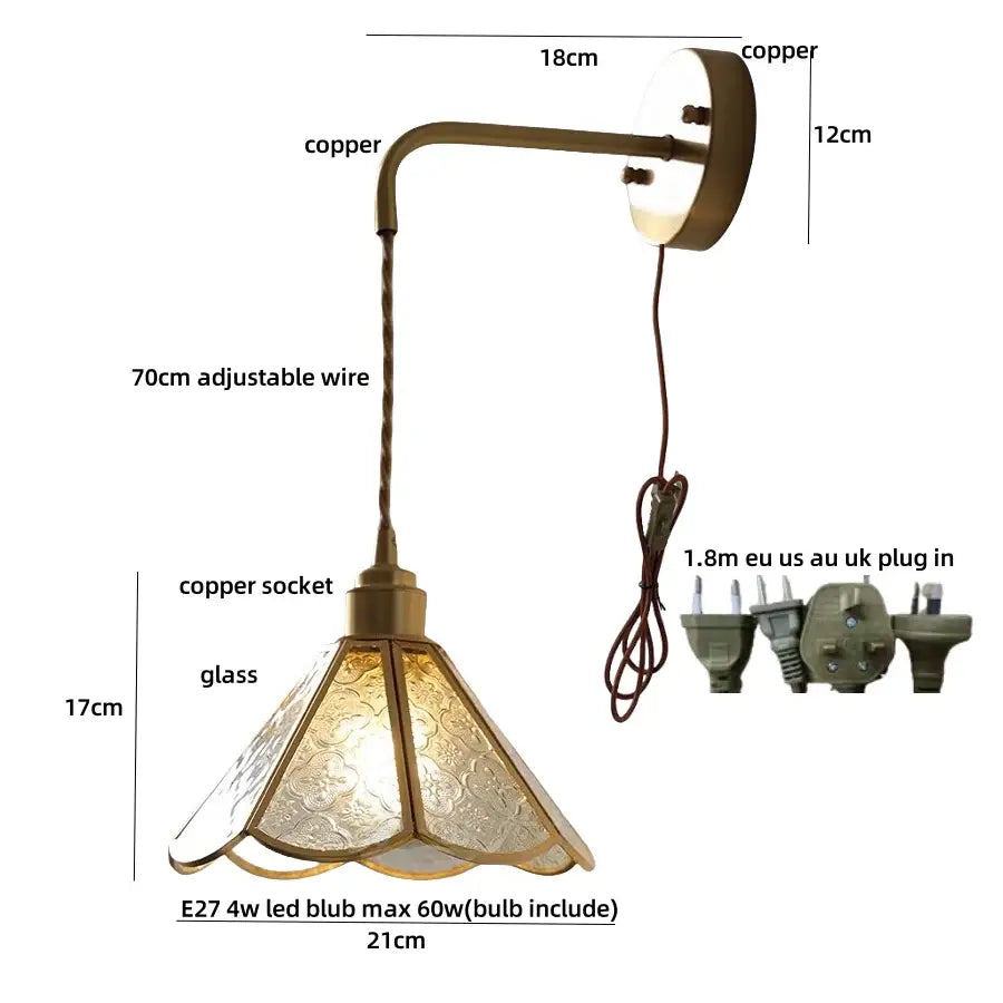 Antique copper wall sconce with decorbites blue glass led stained glass shade and floral patterns for staircase lighting