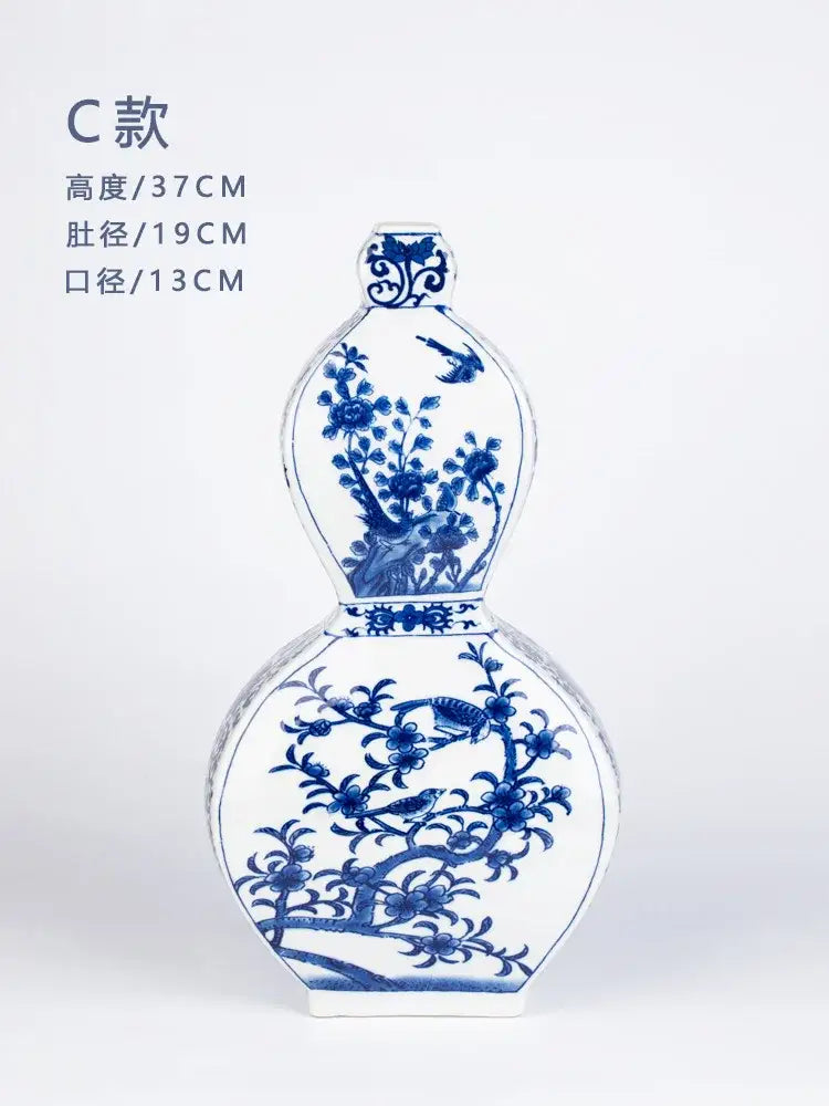 Antique blue white porcelain two ear gourd-shaped vase with intricate floral and bird motifs for living room decorbites decor