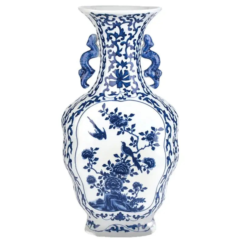 Antique two ear blue white porcelain vase with floral and bird motifs and ornate dragon handles for living room decorbites decor