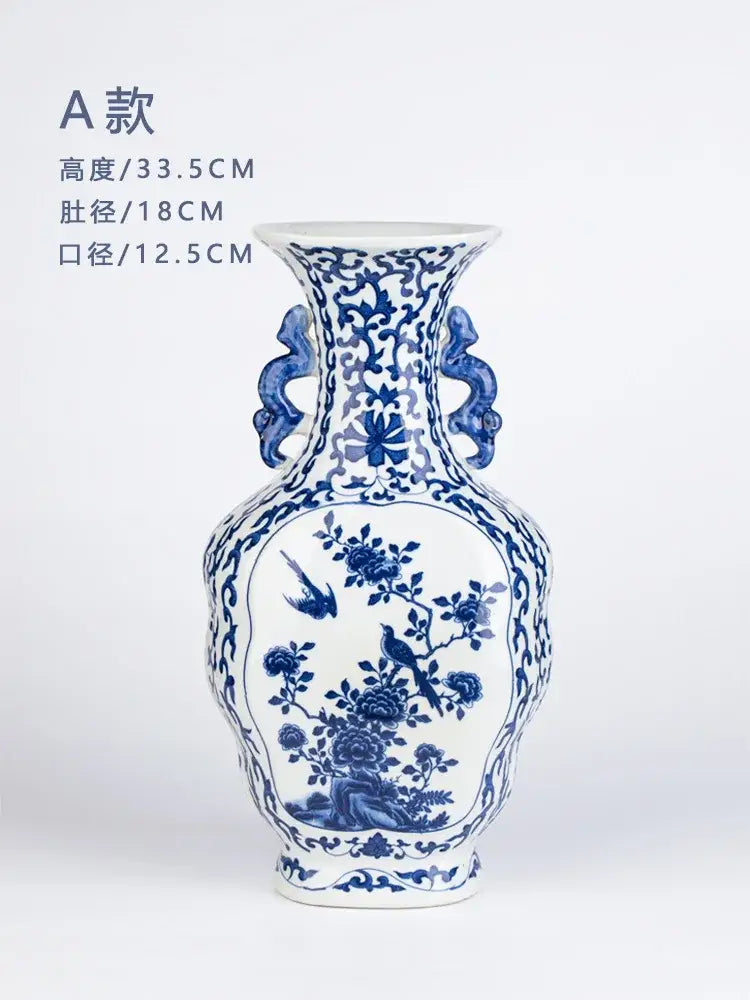 Antique blue white porcelain two ear vase with intricate floral bird motifs and dragon handles for living room decorbites decor