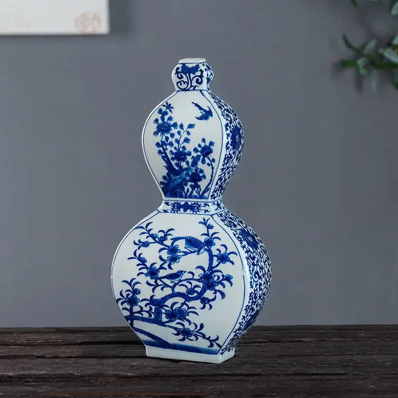 Antique two ear blue white porcelain gourd-shaped vase with intricate floral and bird motifs for living room decor