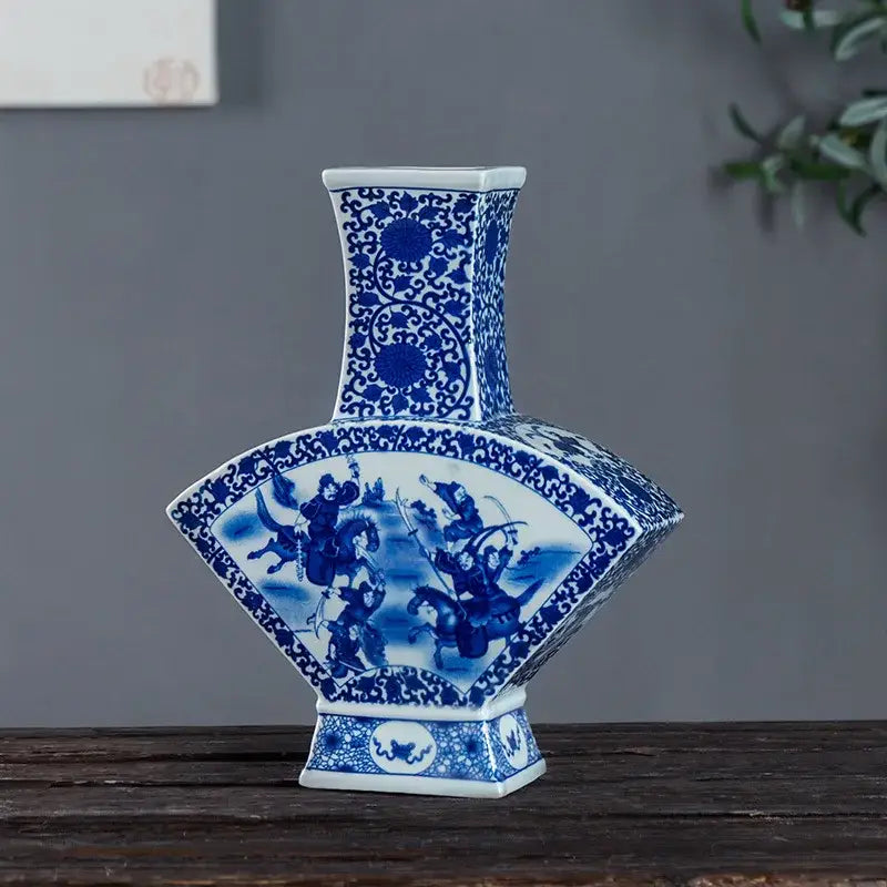 Antique blue white porcelain two ear vase with fan-shaped body and hand-painted mounted warriors decorbites blue white decor
