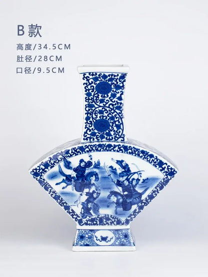 Antique blue white porcelain two ear vase with fan-shaped body and painted mounted warriors for living room decorbites decor