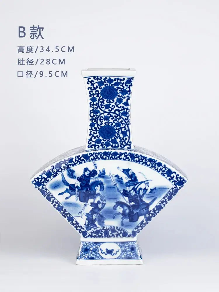 Antique blue white porcelain two ear vase with fan-shaped body and painted mounted warriors for living room decorbites decor