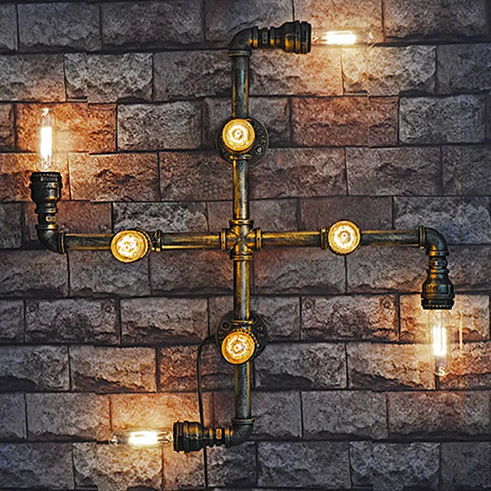 Aplique de pared industrial antiguo de latón con 8 luces y bombilla expuesta - Iluminación de pared metálica