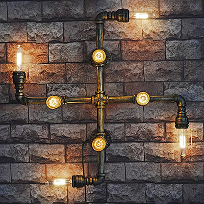 Aplique de pared industrial antiguo de latón con 8 luces y bombilla expuesta - Iluminación de pared metálica