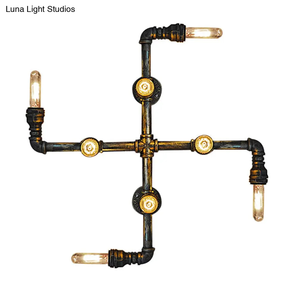 Aplique de pared industrial antiguo de latón con 8 luces y bombilla expuesta - Iluminación de pared metálica