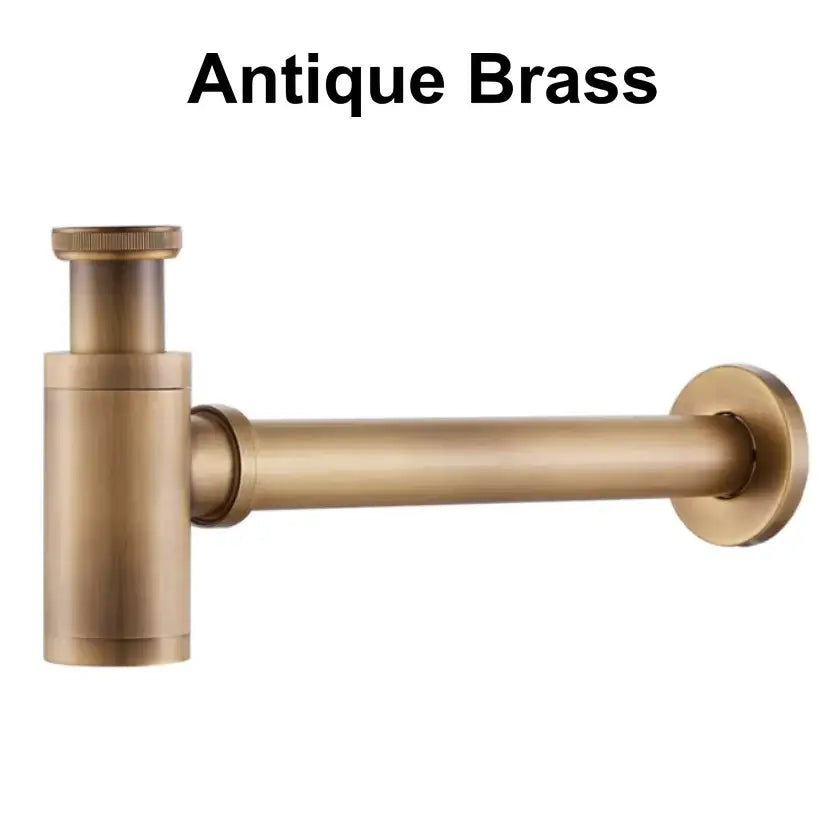 Antique brass air isolation drain pipe bathroom sink with sleek cylindrical body and horizontal threaded connection pipe