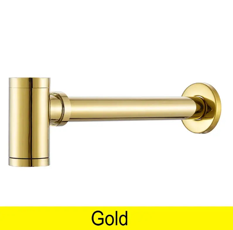 Gold-colored sleek brass air isolation towel rack with polished metallic finish for drain pipe bathroom decorbites use