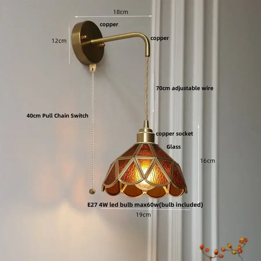 Antique brass amber glass led wall light with stained glass shade featuring geometric amber and gold tones decorbites amber glass