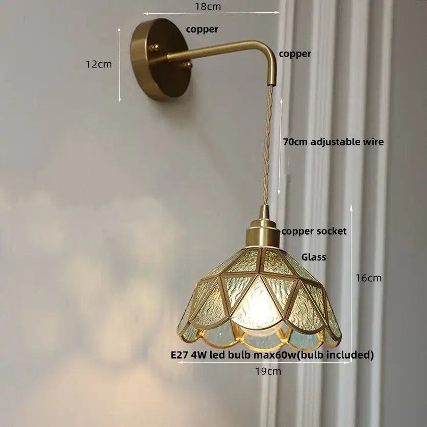 Antique brass amber glass led wall light with textured geometric decorbites amber glass shade for bedroom decor