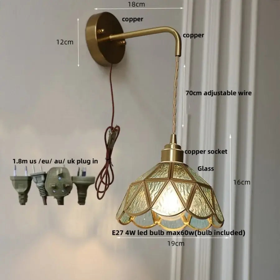 Antique brass amber glass led wall light with textured geometric decorbites amber glass shade for bedroom sconce decor