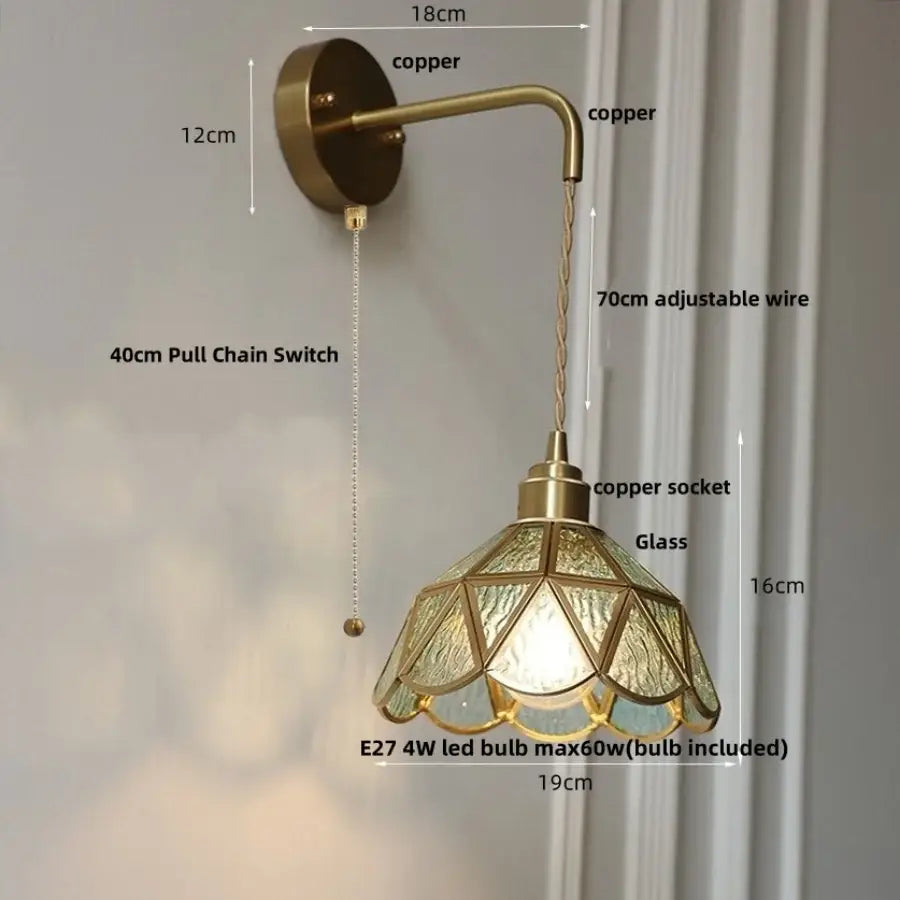 Antique brass wall light with decorbites amber glass led textured geometric shade for bedroom sconce lighting
