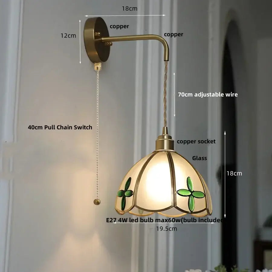 Antique brass amber glass led wall light with stained glass clover shade and adjustable copper wire for bedroom decorbites amber glass