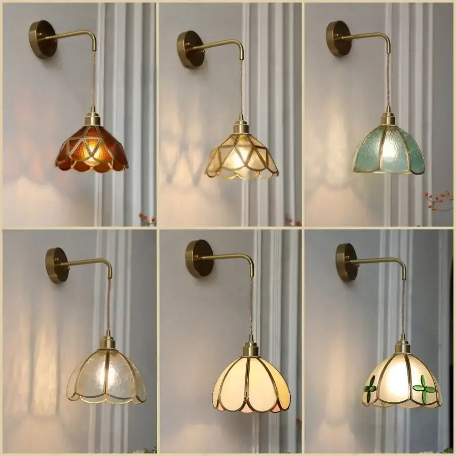 Six vintage-style antique brass amber glass led wall light sconces with stained glass flower shades for bedroom decorbites amber glass