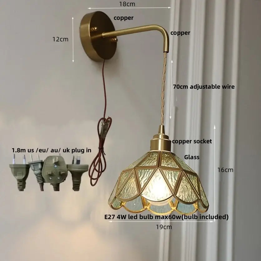 Vintage-style copper wall light with decorbites amber glass led faceted textured shade for bedroom sconce decor