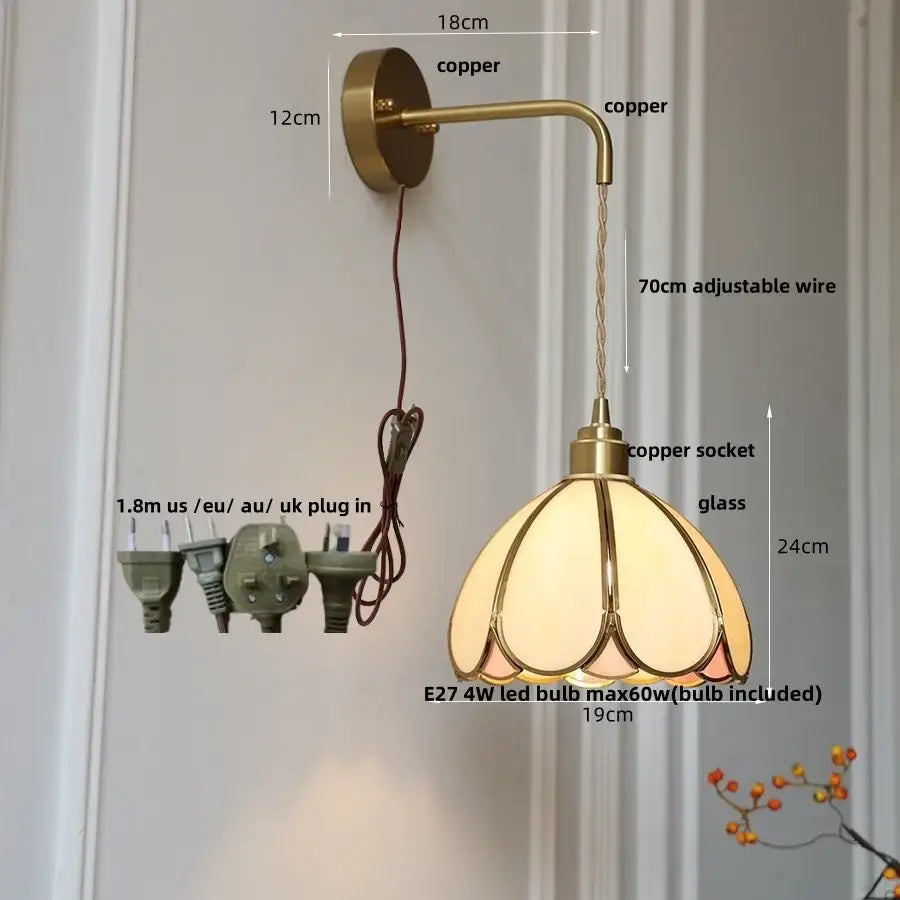 Vintage-style copper wall light with decorbites amber glass led amber glass lampshade for bedroom sconce decor