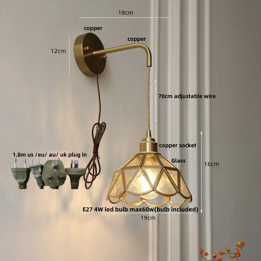 Antique brass amber glass led wall light with vintage brass sconce, geometric glass shade, and adjustable copper wire decorbites amber glass
