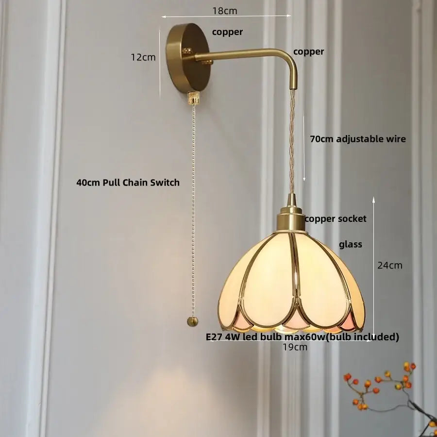 Antique brass amber glass led wall light with vintage copper sconce and decorbites amber glass petal shade