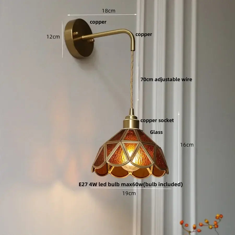 Antique brass amber glass led wall light with warm amber glass and copper frame for elegant bedroom decorbites wall light