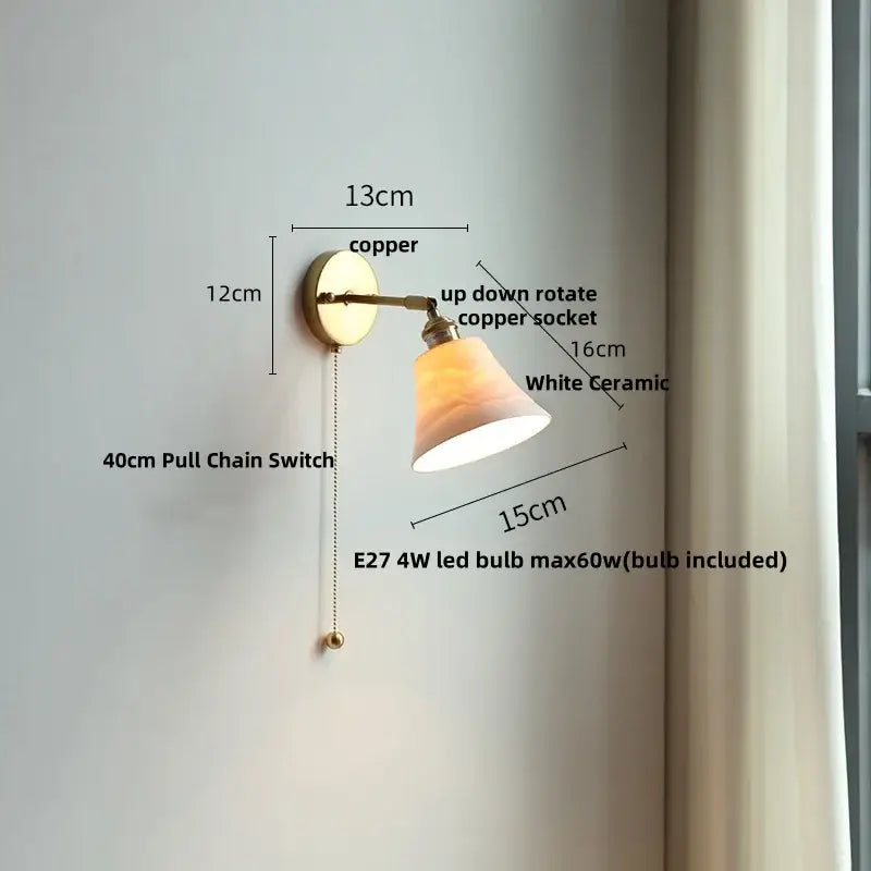 Copper-finished wall light with white ceramic led lampshade and adjustable rotating socket for decorbites ceramic led wall decor