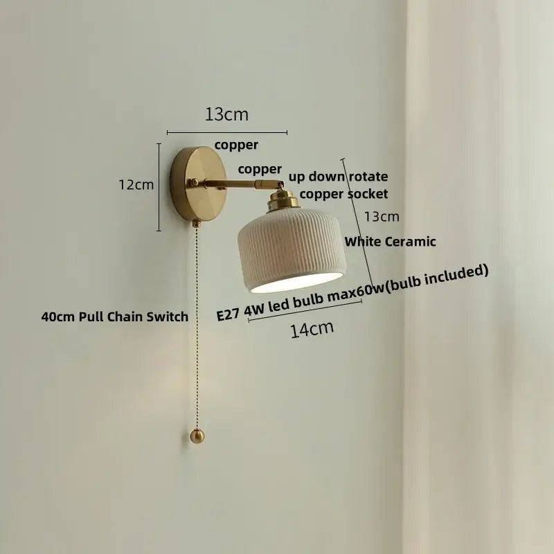 Antique brass and copper-finished ceramic led wall light with white ridged ceramic shade and e27 4w led bulb decorbites ceramic led wall