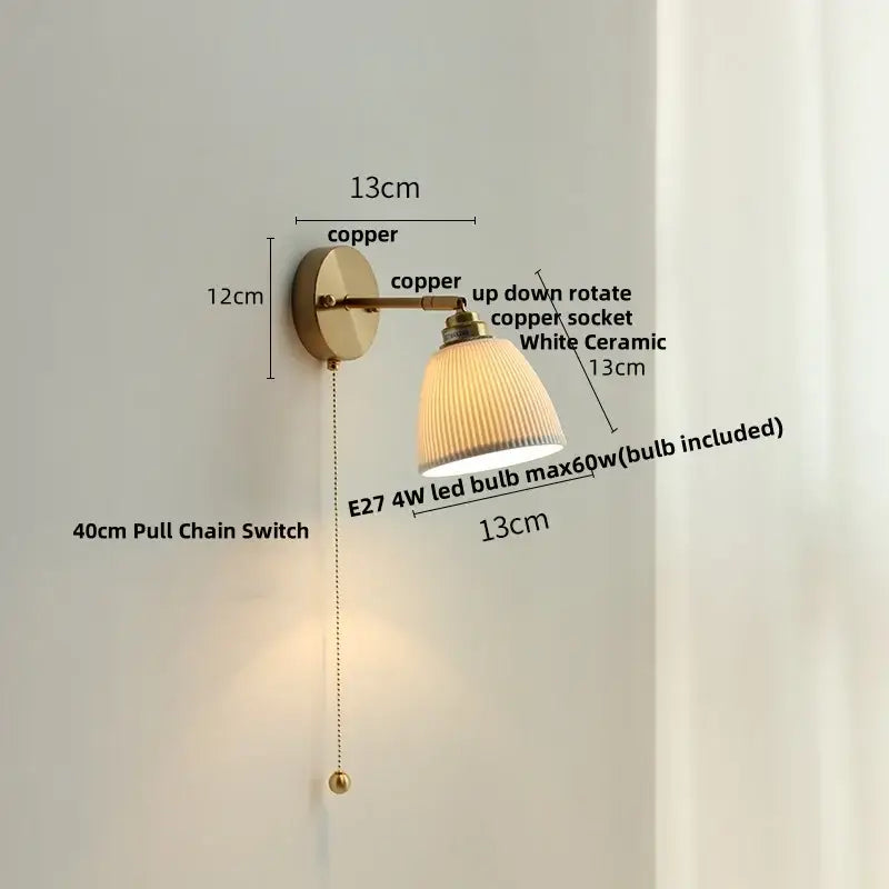 Copper-finished wall light with white ceramic ribbed lampshade and up-down rotating socket for decorbites ceramic led wall decor