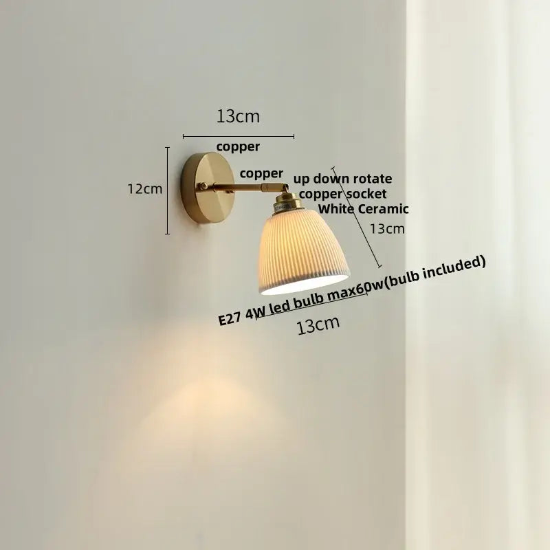 Antique brass wall light with copper finish and white ceramic led ribbed lampshade for bedroom decorbites ceramic led wall