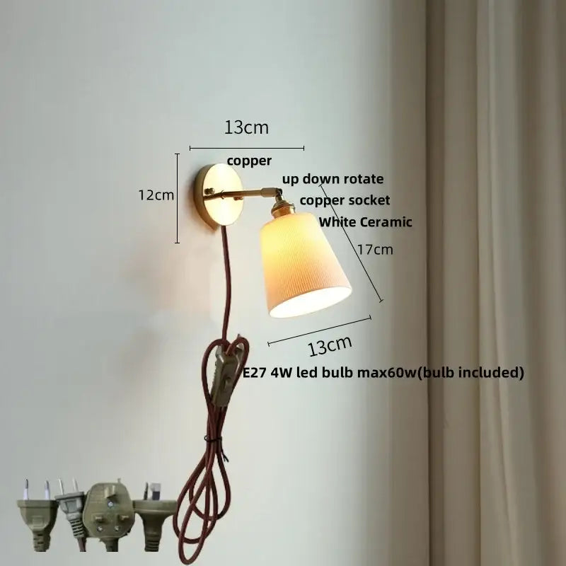 Copper wall light with white ceramic led shade and e27 4w bulb, antique brass and amber glass decorbites ceramic led wall