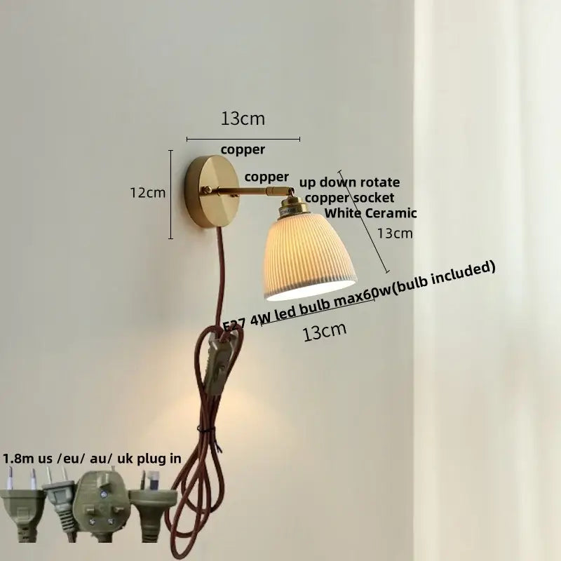 Copper wall light with white ceramic led lampshade combining antique brass and amber glass bedroom decorbites ceramic led wall