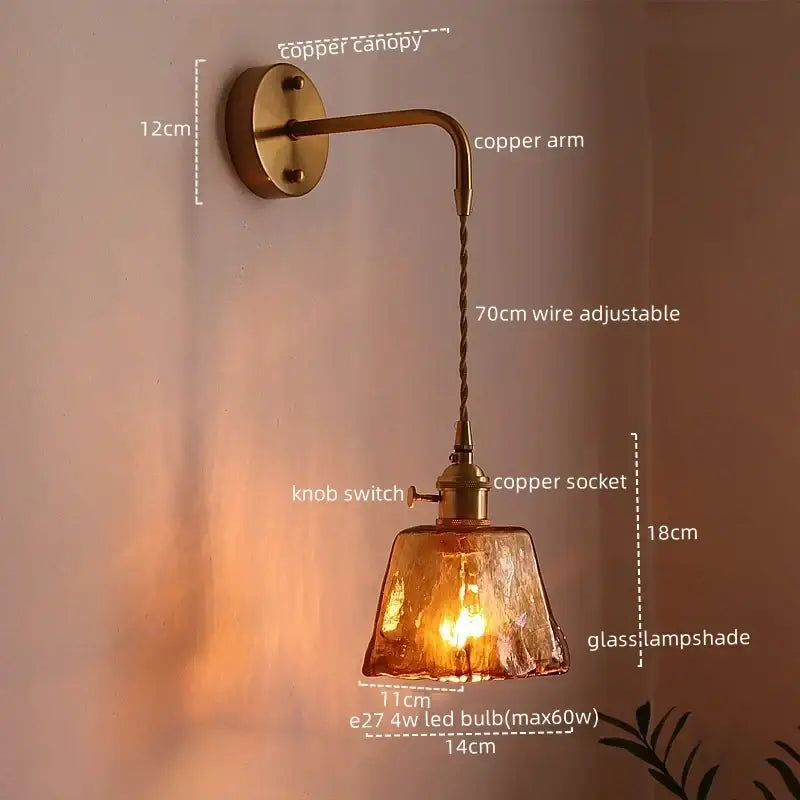 Antique brass and amber glass copper led wall light with textured lampshade and adjustable 70cm wire for bedroom