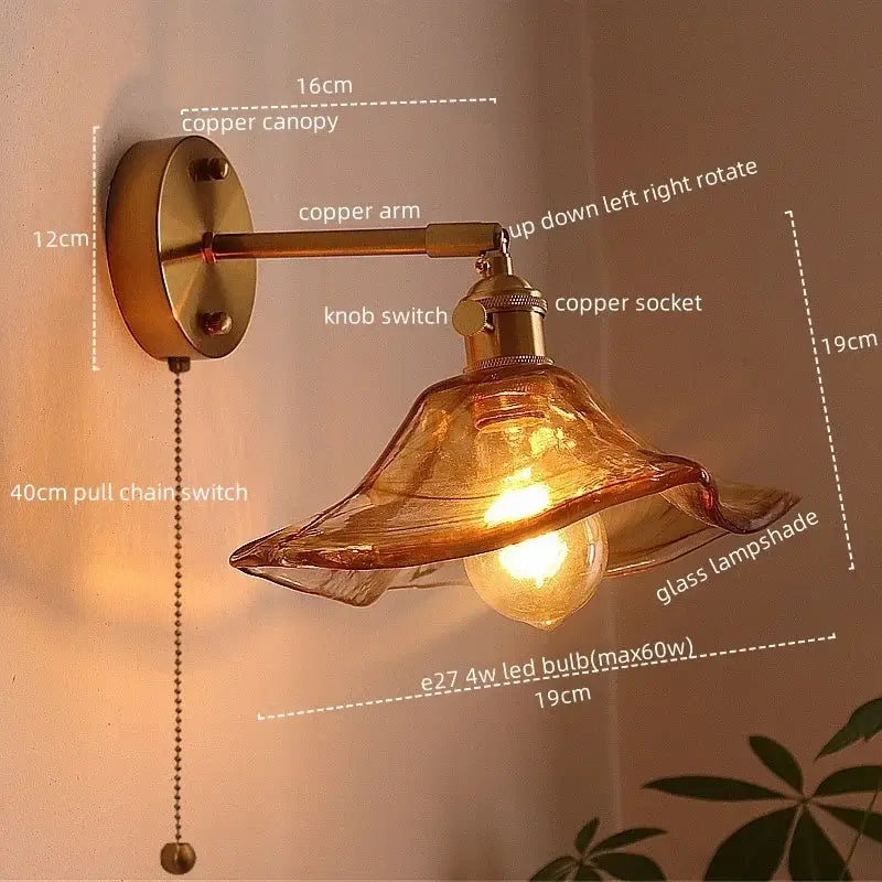 Copper-finished wall lights with antique brass and hand-blown amber glass copper led wall sconce for bedroom lighting