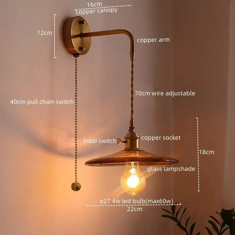Copper-finished antique brass and amber glass copper led wall light with adjustable wire for bedroom lighting