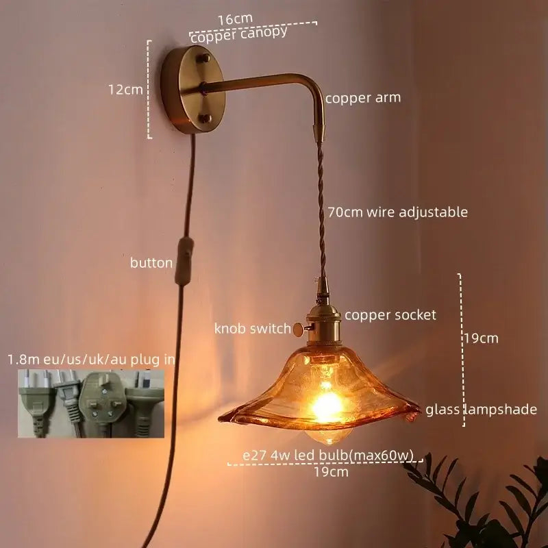 Copper led wall light with adjustable arm and warm amber glass copper led lampshade for bedroom use