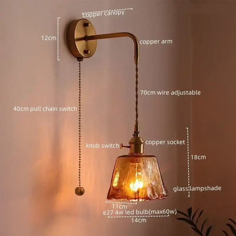 Antique brass copper led wall light with textured amber glass copper led lampshade and adjustable 70cm wire for bedroom