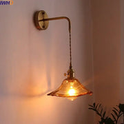 Antique brass wall lights with twisted cord and amber glass copper led shade for bedroom lighting