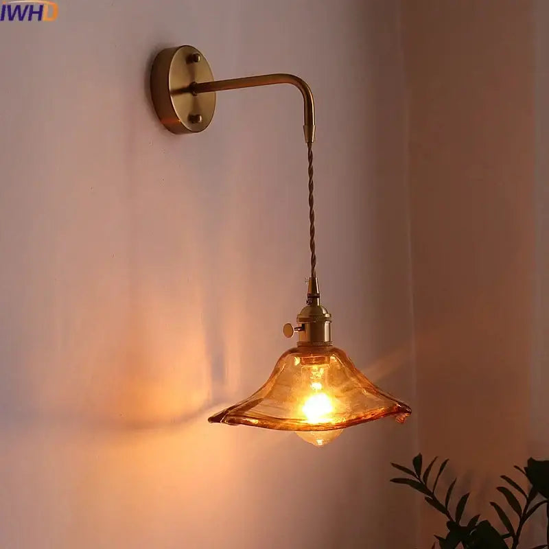 Antique brass wall lights with twisted cord and amber glass copper led shade for bedroom lighting