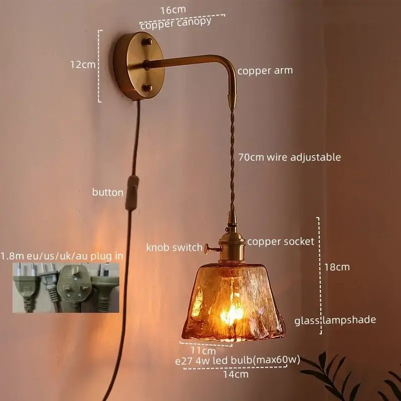 Copper finished wall lights with textured amber glass copper led lampshade and adjustable braided wire for bedroom