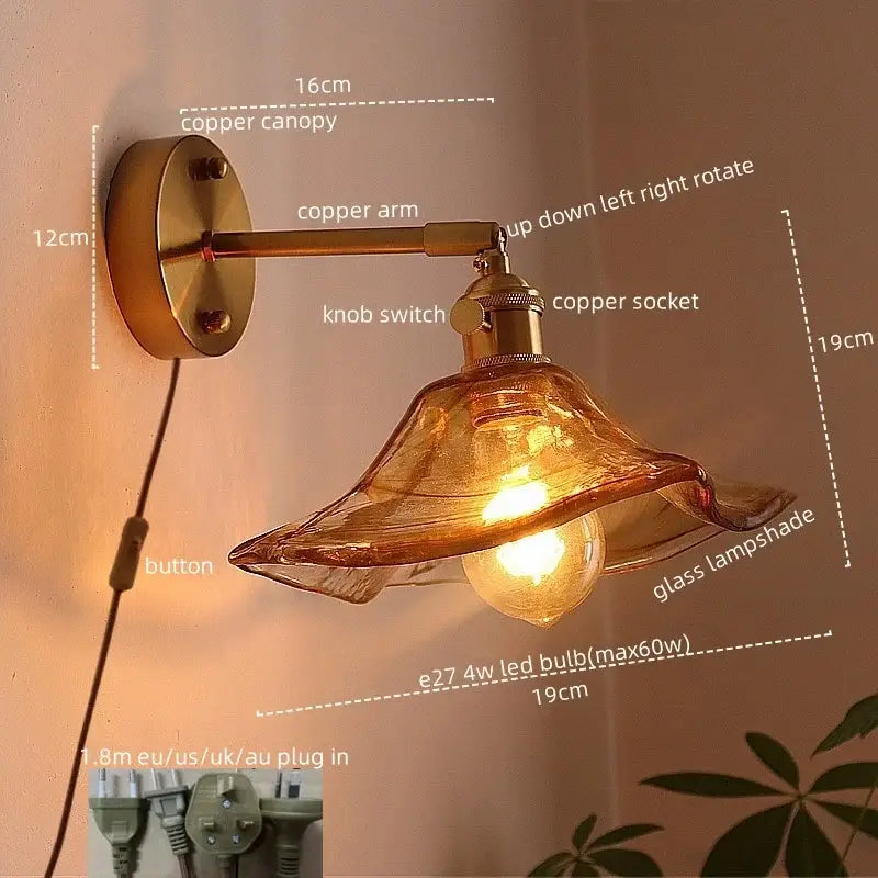 Antique brass copper led wall light with warm amber hand-blown glass shade for bedroom use