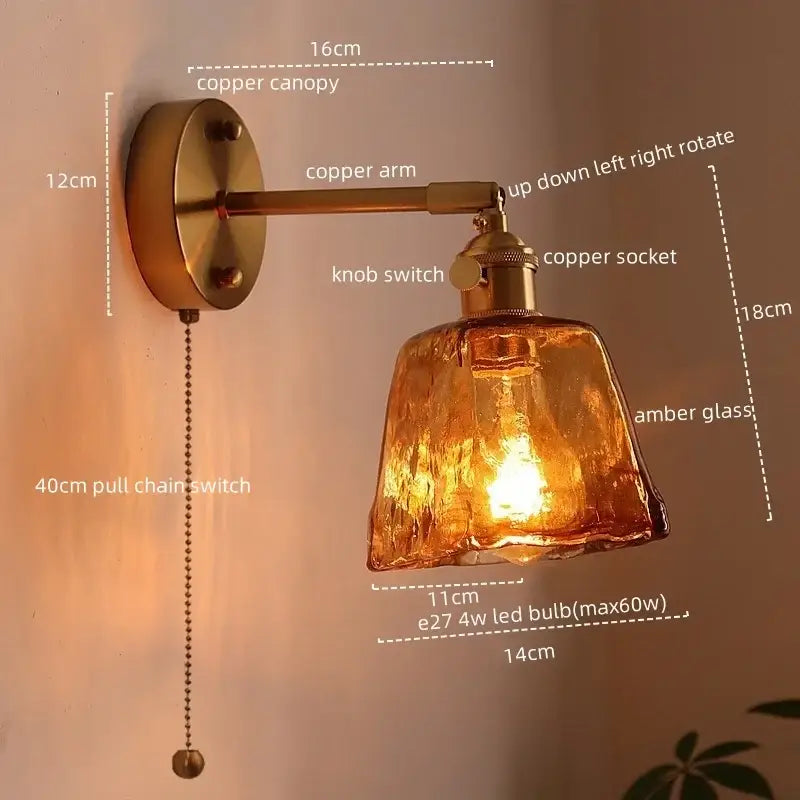Antique brass and amber glass copper led wall light with adjustable knob switch for bedroom lighting