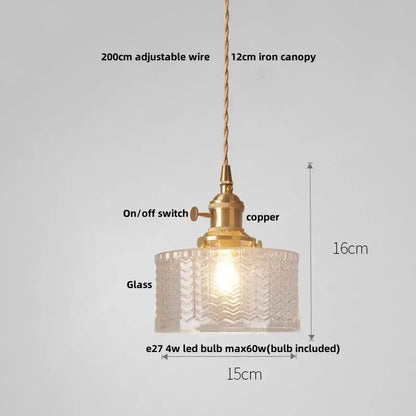 Antique brass pendant light with clear textured amber glass led shade and copper-finished metal for stair hanging