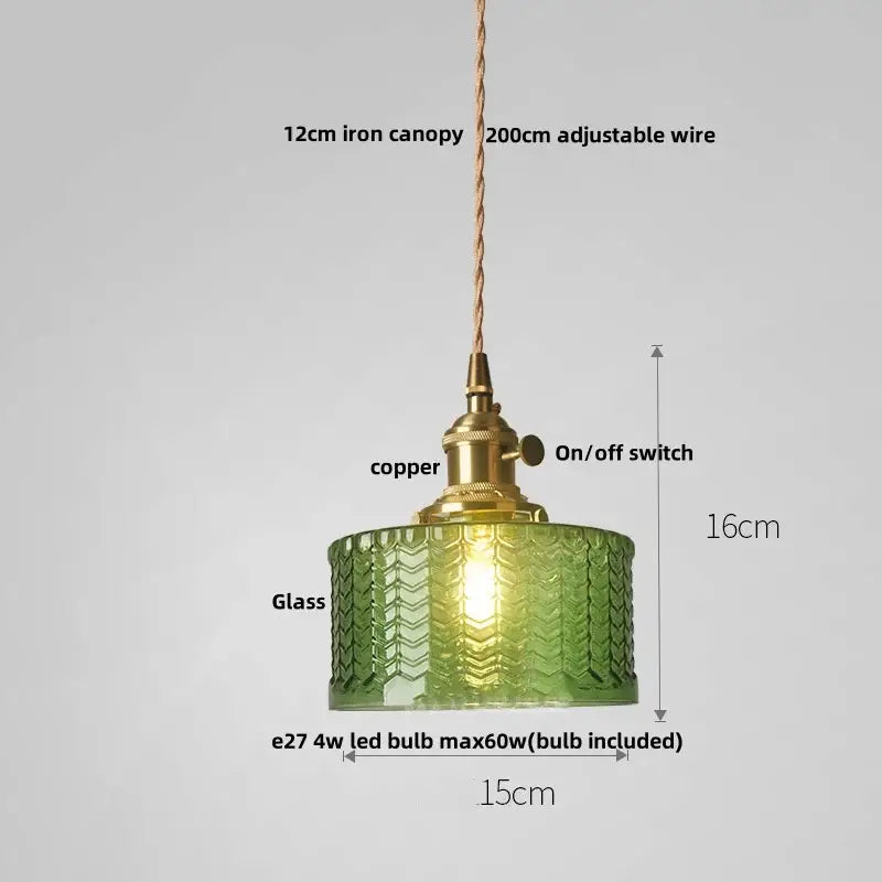 Antique brass and green glass led pendant light with copper fixture and adjustable wire suspension for stair lighting