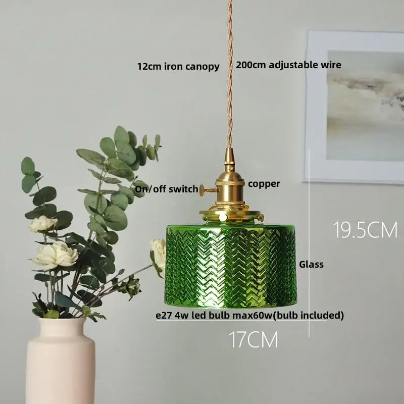 Antique brass pendant light with green textured chevron glass amber glass led and copper accents for stair lighting